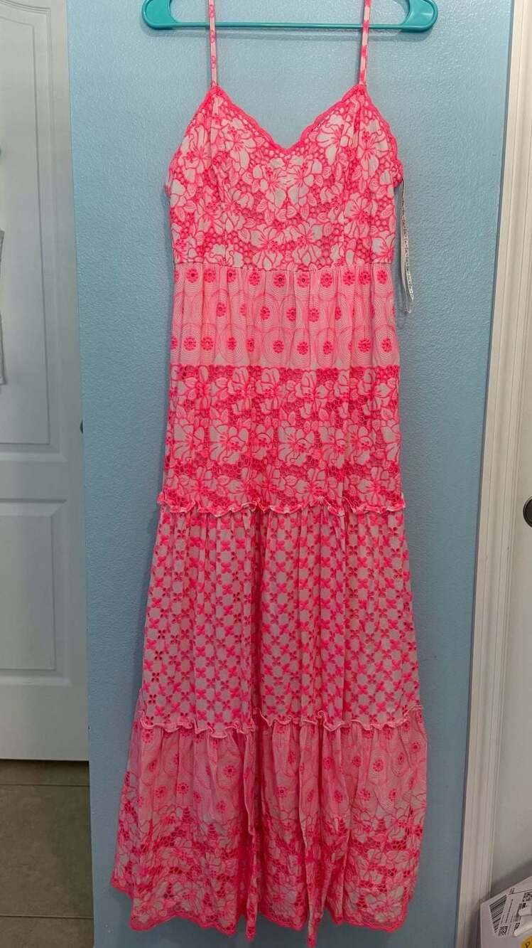 New Lilly Pulitzer Kyla Maxi Dress Lillys Coral Garden Gate Eyelet Pink 0
